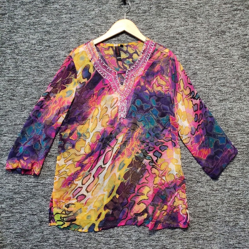 La Moda Embellished Abstract Watercolor Mesh Tunic Blouse‎ Womens L Pink Resort